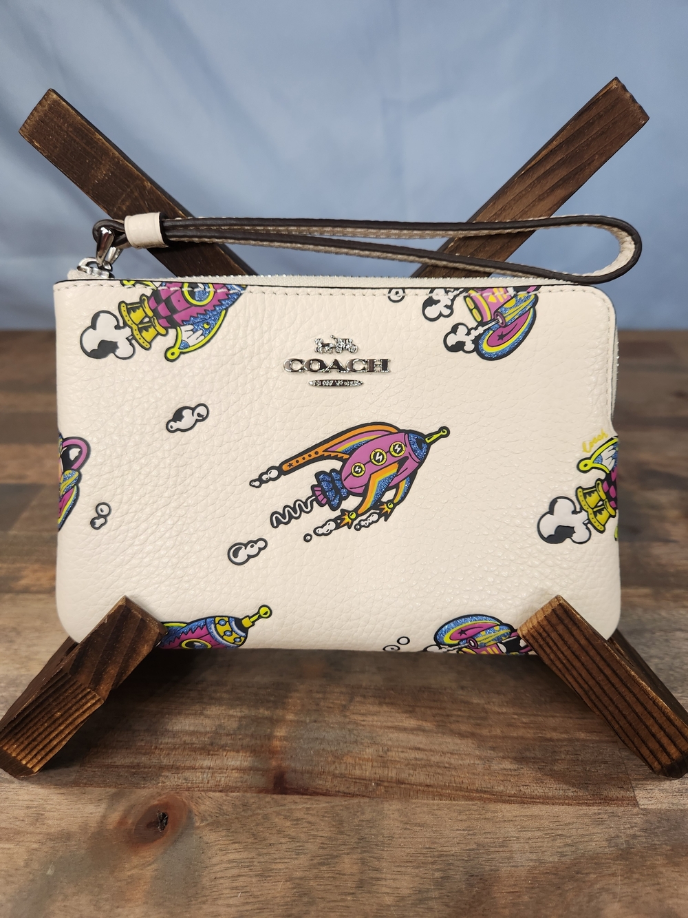 Coach Cosmic Corner Zip Wristlet With Rocket Print